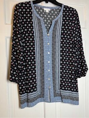 J. Jill Black w/Floral Pattern & Light Blue Trim Top Women’s S